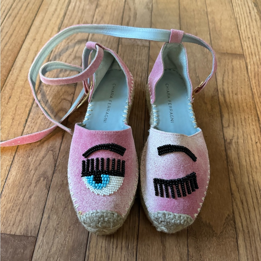 Chiara Ferragni platform espadrilles with gold embellishment adjustable strap